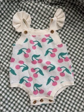Little Lass Cream Knit Cherry Romper 3/6M
